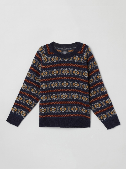 

max Boys Navy Blue & Brown Printed Pullover Sweater