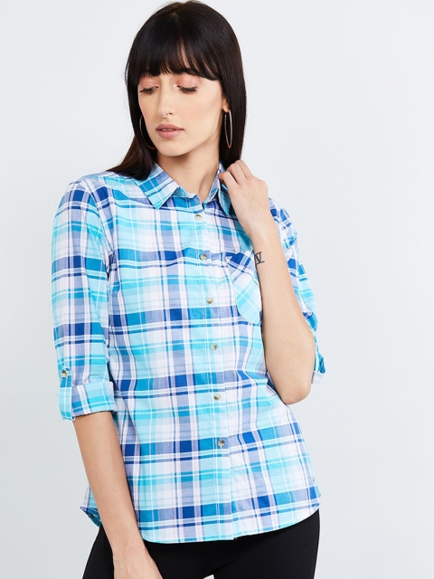 

max Women Blue Regular Fit Checked Casual Shirt