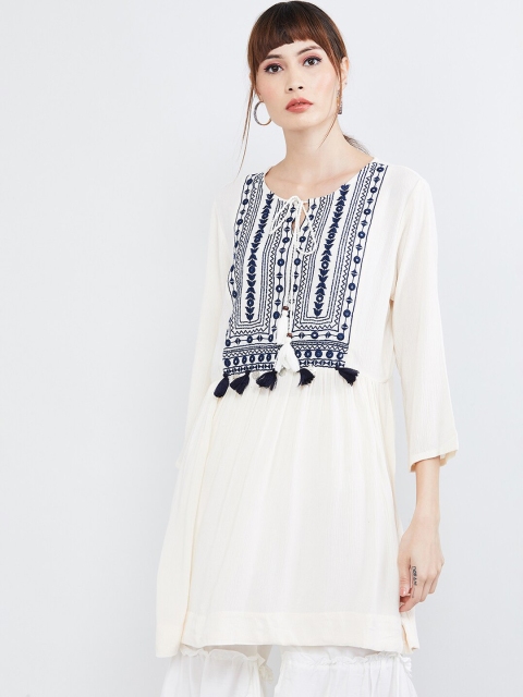 

max Women Cream-Coloured Embroidered Tunic