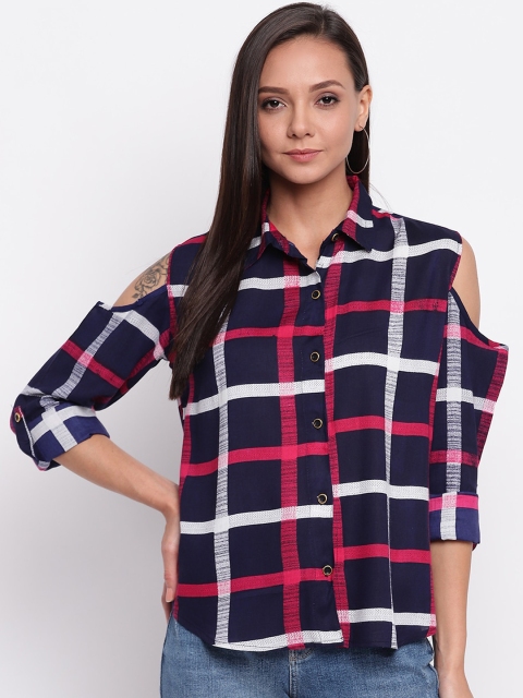 

Mayra Women Navy Blue Checked Shirt Style Top