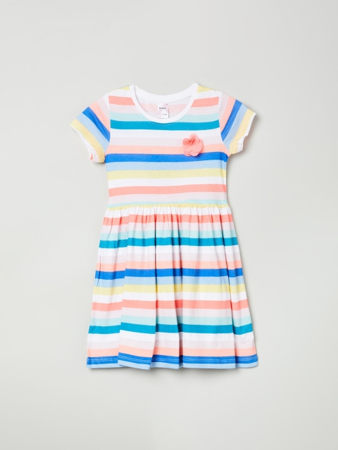 

max Girls Cream-Coloured & Blue Striped Fit and Flare Dress