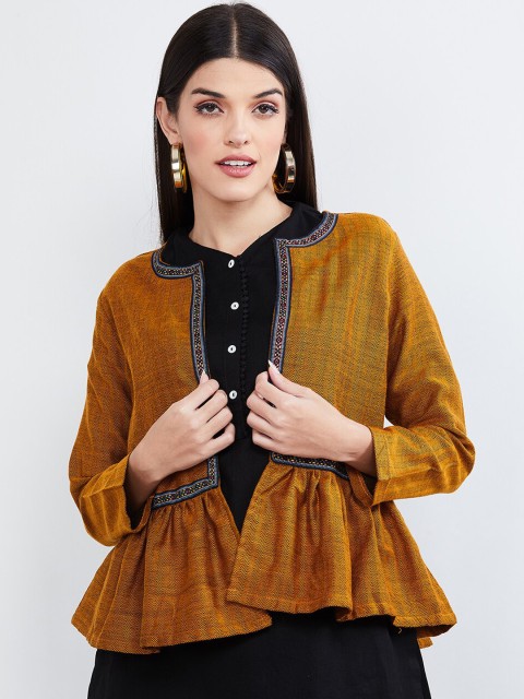 

max Women Mustard Yellow Self Design Open Front Shrug