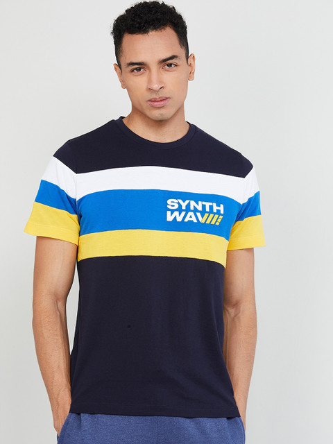 

max Men Blue Striped Round Neck T-shirt