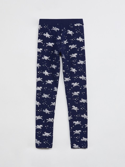 

max Girls Navy Blue & Silver-Toned Printed Ankle-Length Leggings