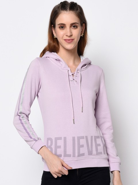 

METTLE Women Lavender & Grey Printed Hooded Sweatshirt