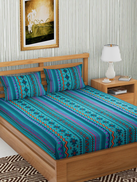

METRO LIVING Blue Striped 120 TC Cotton 1 Queen Bedsheet with 2 Pillow Covers