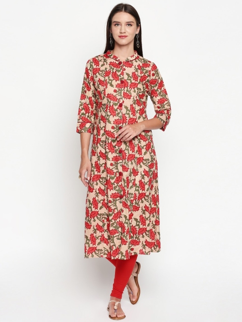 

Lobaanya Women Red & Green Floral Printed Straight Kurta