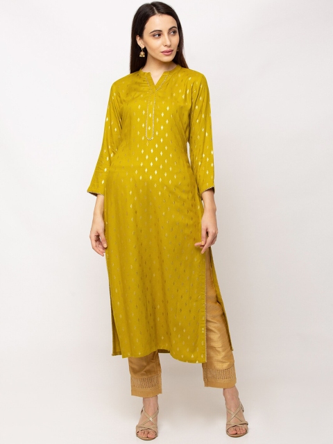 

TANKHI Women Lime Green Embroidered A-Line Kurta