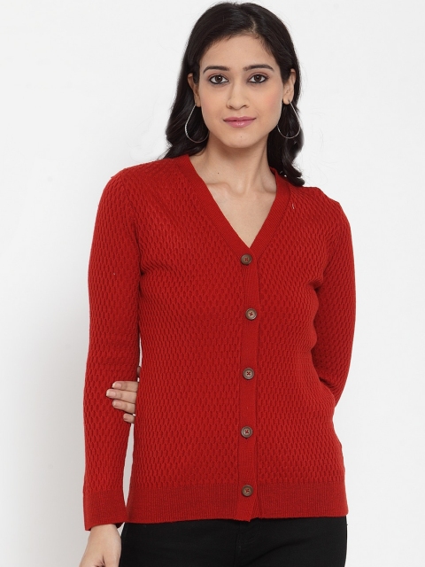 

Kalt Women Red Self Design Cardigan Sweater