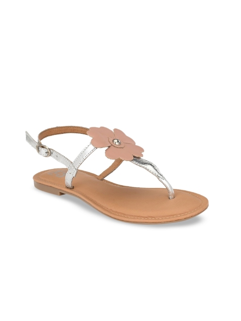 

Zebba Women Silver-Toned Solid Leather T-Strap Flats