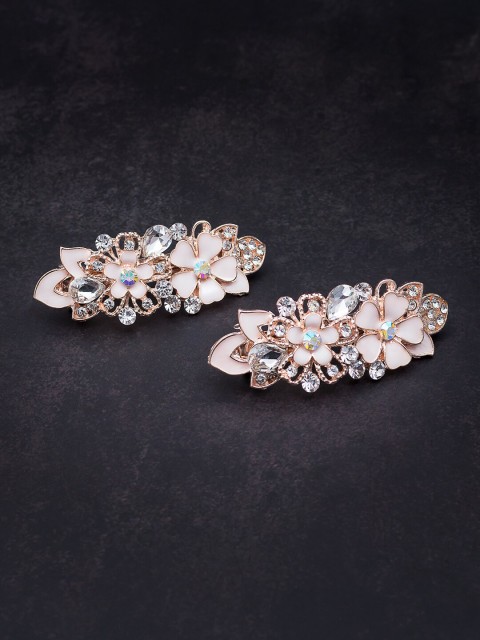 

Golden Peacock Cream-Coloured & Gold-Toned Set of 2 Embellished French Barrette