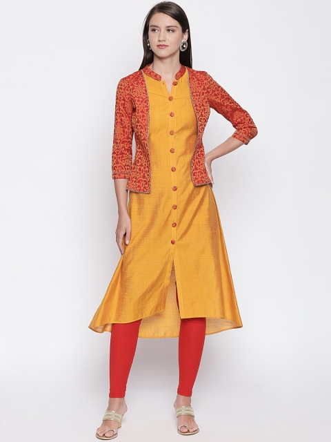 

Lobaanya Women Yellow & Maroon Printed A-Line Kurta