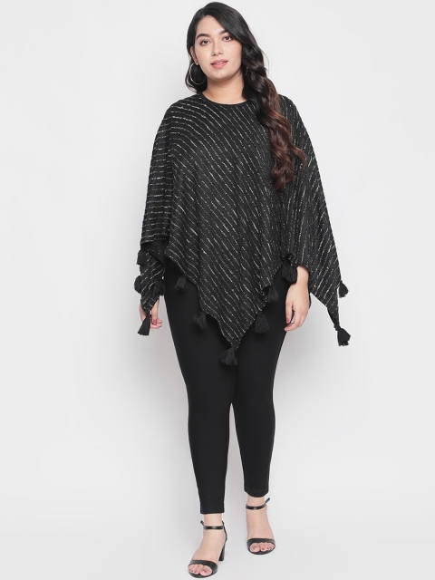 

Amydus Women Black Self Design Sequinned Poncho with Tassels