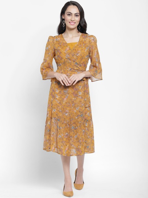 

NIXX Women Mustard Yellow Printed Wrap Dress