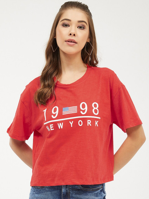 

Harpa Women Red White Printed Crop Pure Cotton T-shirt
