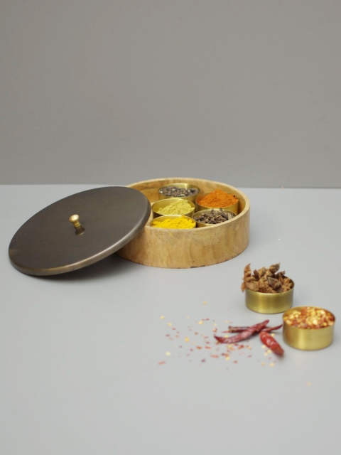 

nestroots Brown & Gold-Toned Round Wooden Masala Box With Iron lid