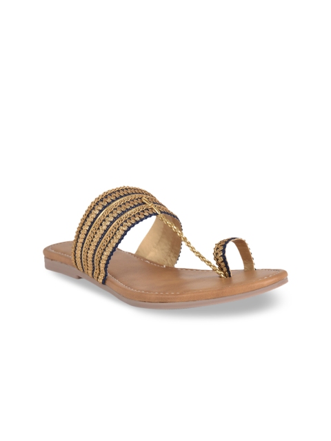 

SALARIO Women Gold-Toned Woven Design PU T-Strap Flats