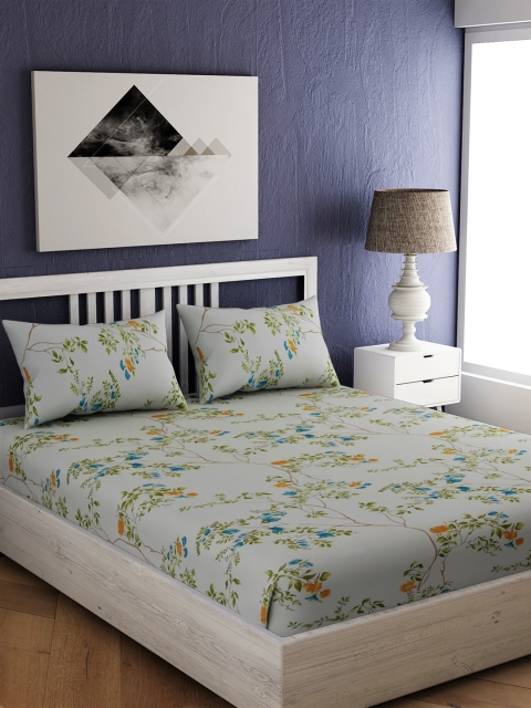EverHOME White Floral 144 TC Cotton 1 Queen Bedsheet with 2 Pillow Covers