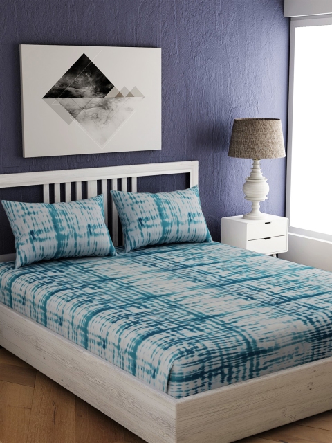 

EverHOME White & Navy Blue Abstract 144 TC Cotton 1 Queen Bedsheet with 2 Pillow Covers