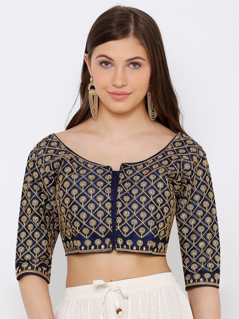 

SALWAR STUDIO Women Navy Blue & Gold-Toned Embroidered Readymade Saree Blouse