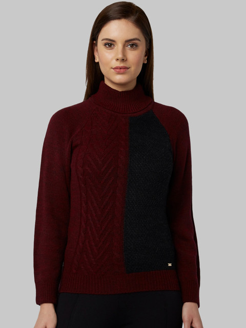 

Park Avenue Woman Maroon & Black Colourblocked Pullover Sweater