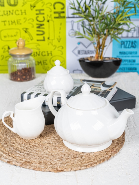 GOODHOMES Set of 3 White Bone China Tea & Milk Pot with Sugar Pot