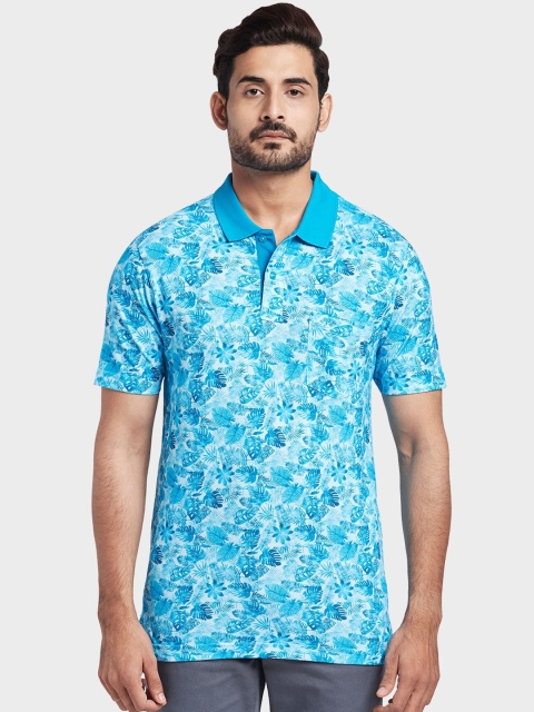 

ColorPlus Men Turquoise Blue & White Floral Printed Polo Collar T-shirt
