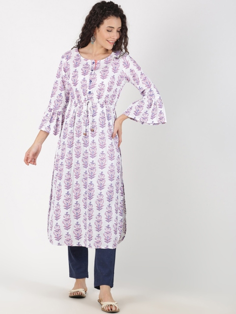 

Saffron Threads Women White & Lavender Printed Kurti with Trousers