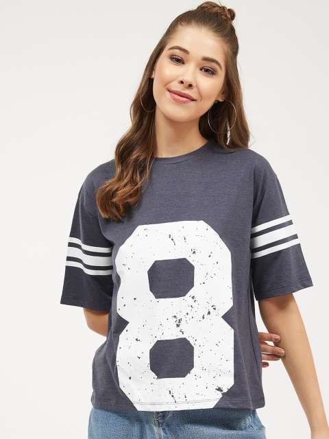 

Harpa Women Navy Blue Printed Round Neck Pure Cotton T-shirt