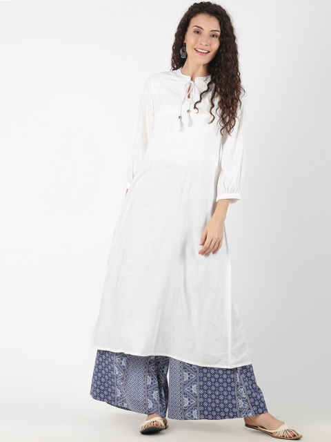 

Saffron Threads Women White & Blue Embroidered Kurta with Palazzos