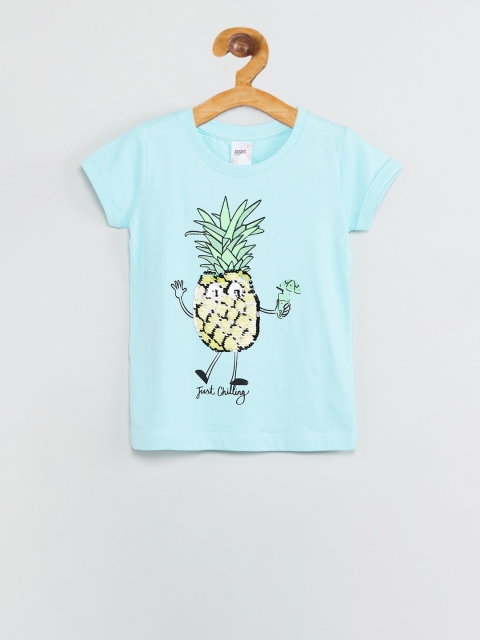 

max Girls Blue Printed Round Neck T-shirt