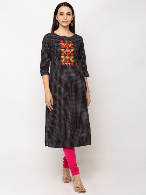 

TANKHI Women Black Checked Straight Kurta