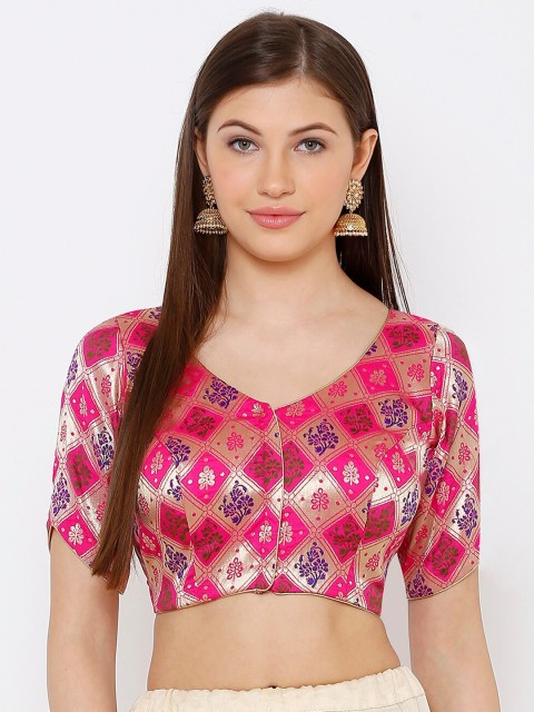 

SALWAR STUDIO Women Pink & Gold-Toned Woven-Design Readymade Saree Blouse