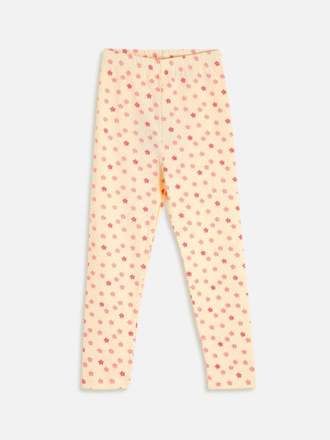 

Aomi Girls Cream-Colour & Pink Printed Ankle-Length Leggings