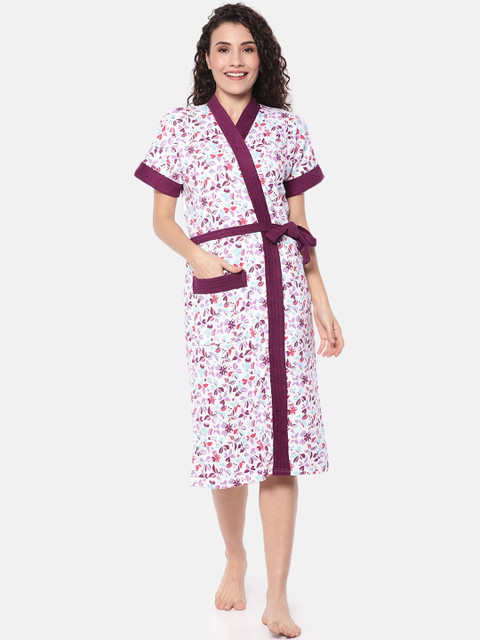 

Red Rose Women White & Burgundy Printed Bathrobe