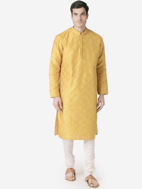 

Sanwara Men Yellow Woven Design Kurta with Pyjamas