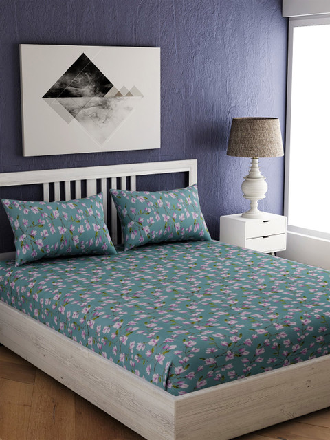 

EverHOME Green & White Floral 144 TC Cotton 1 Queen Bedsheet with 2 Pillow Covers