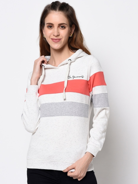 

METTLE Women White & Red Striped Hooded Sweatshirt