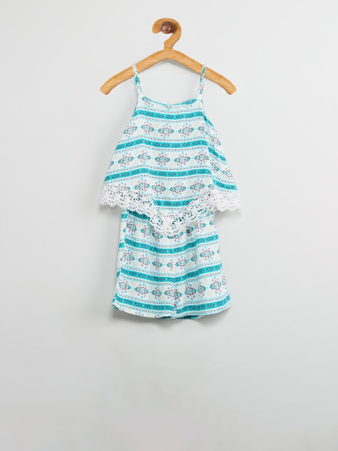 

max Girls Turquoise Blue & White Printed Romper