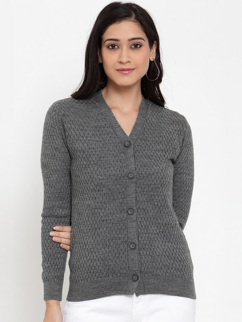 

Kalt Women Grey Self Design Cardigan Sweater