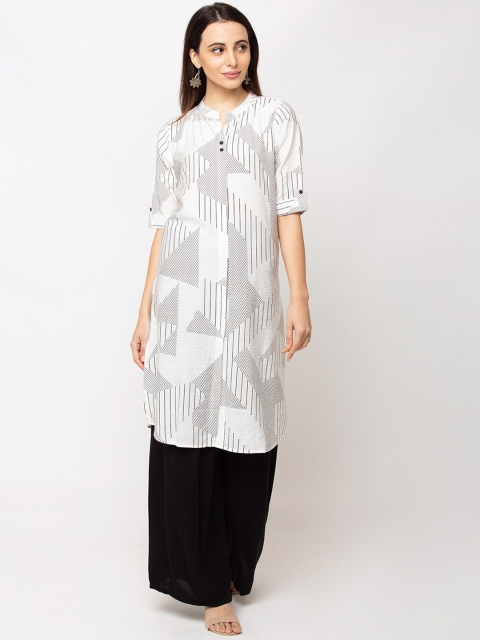 

TANKHI Women White & Black Printed Straight Kurta