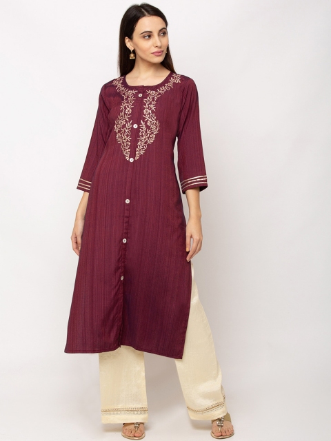 

TANKHI Women Maroon Embroidered A-Line Kurta