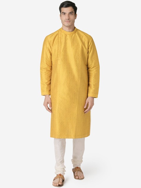 

Sanwara Men Yellow & Off-White Woven Design Kurta with Churidar