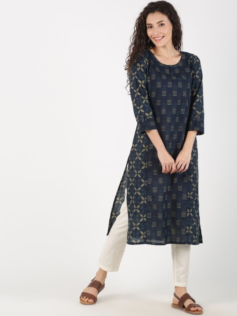 

Saffron Threads Women Navy Blue & Off-White Printed Kurta with Trousers