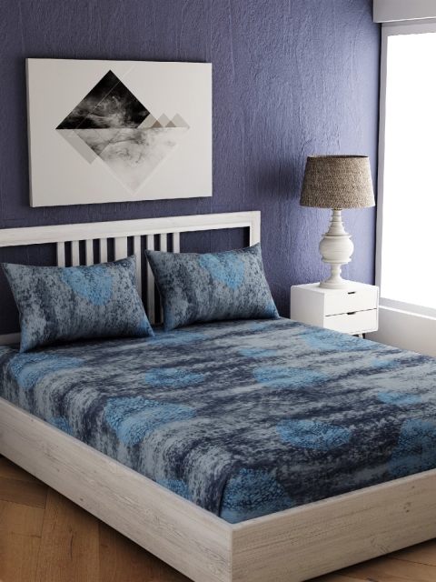 

EverHOME Blue & Grey Abstract 144 TC Cotton 1 Queen Bedsheet with 2 Pillow Covers