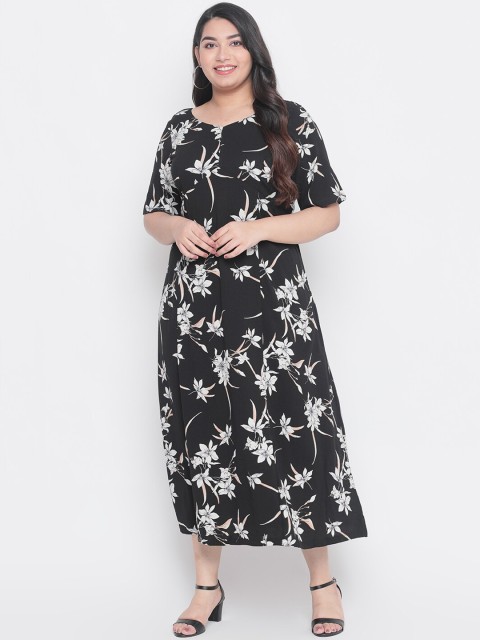 

Amydus Women Plus Size Black & White Floral Printed A-Line Dress
