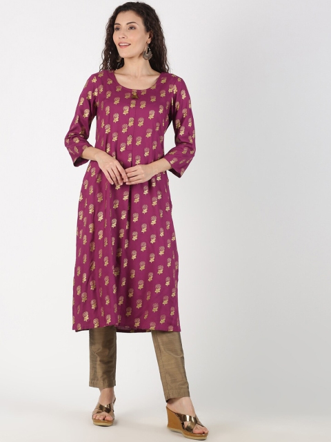 

Saffron Threads Women Purple & Gold-Toned Printed Kurta with Trousers
