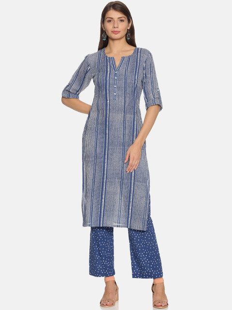 

NANGALIA RUCHIRA Women Blue & White Striped Kurta with Trousers