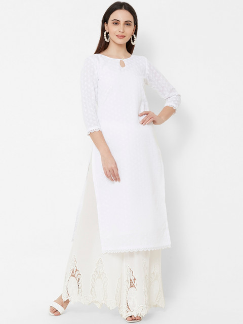 

SANISA Women White Embroidered A-Line Kurta
