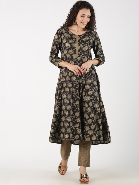 

Saffron Threads Women Black & Gold-Toned Printed Kurta with Trousers